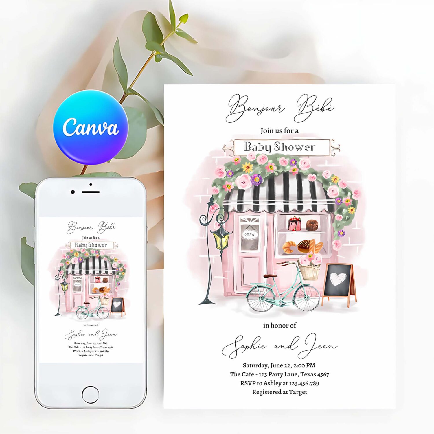 Editable paris baby shower invitation bonjour bebe french patisserie parisian tea party floral pink printable template corjl digital 0441