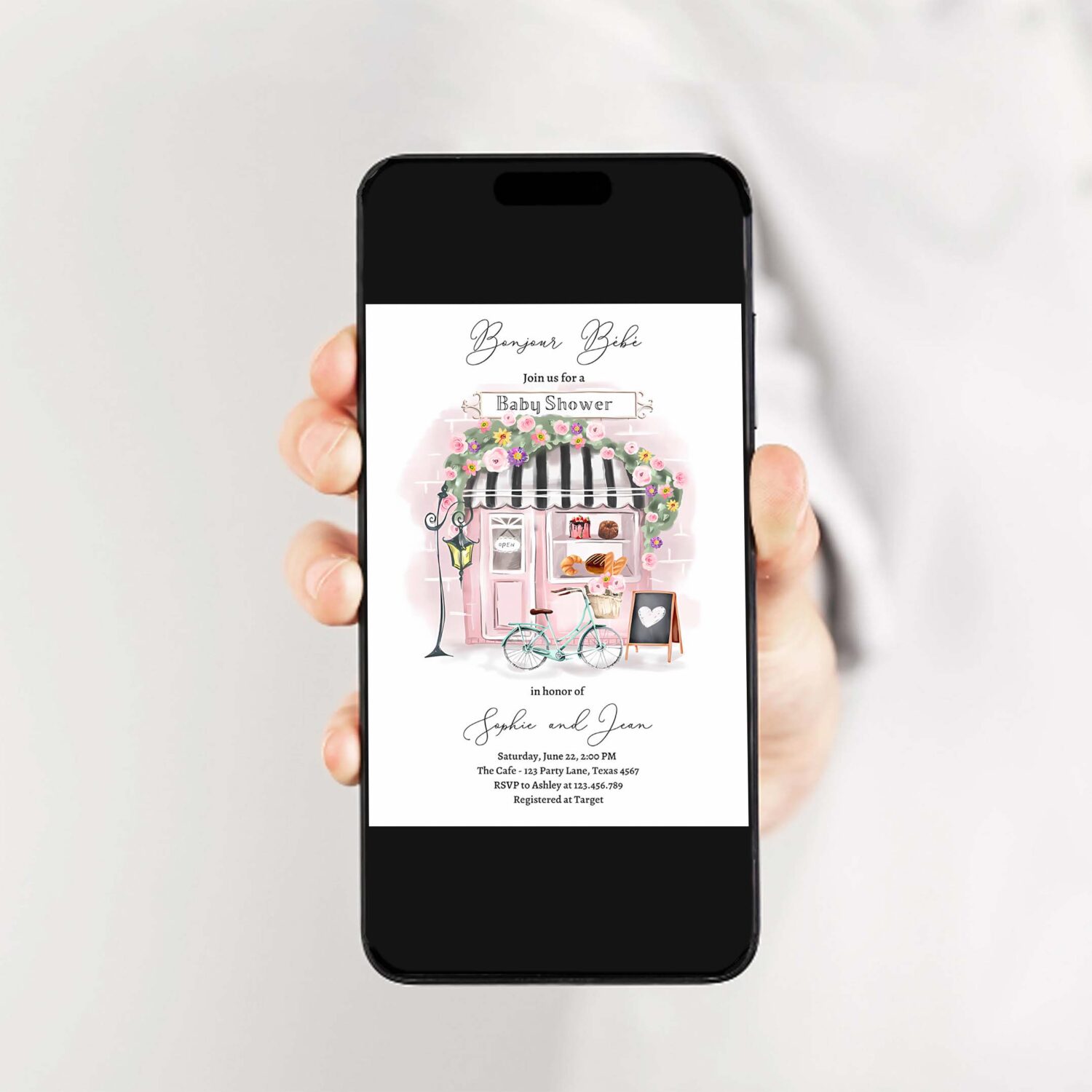 Editable paris baby shower invitation bonjour bebe french patisserie parisian tea party floral pink printable template corjl digital 0441 2