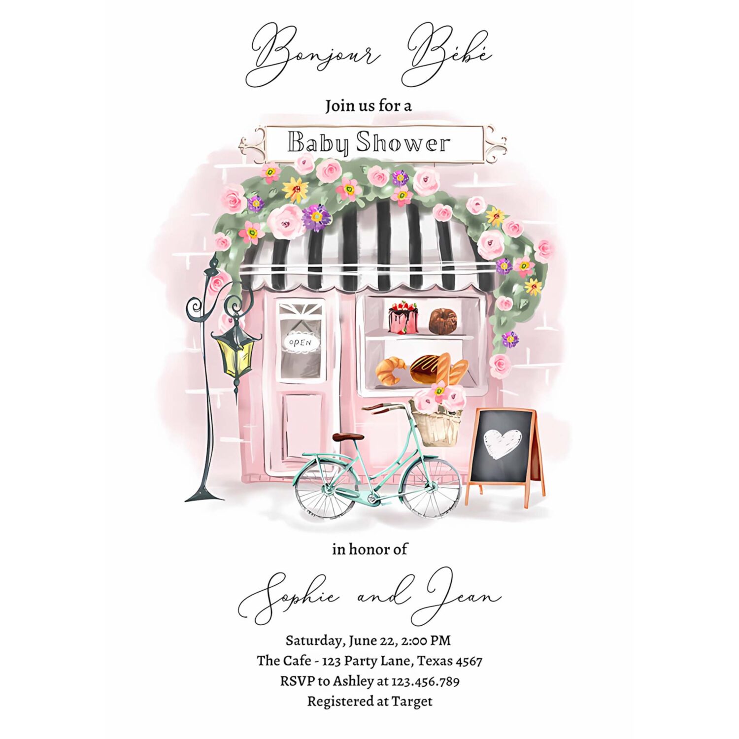 Editable paris baby shower invitation bonjour bebe french patisserie parisian tea party floral pink printable template corjl digital 0441 4
