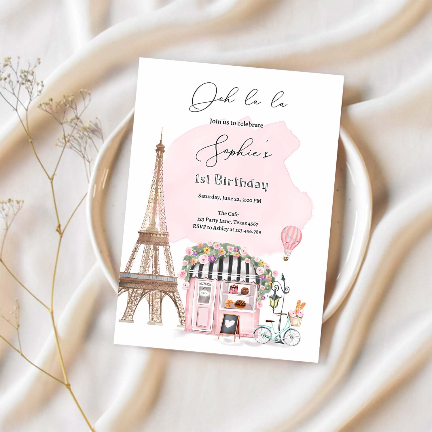 Editable paris birthday invitation french patisserie parisian cafe french birthday floral tea party printable template corjl digital 0441 1