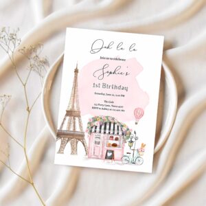 Editable paris birthday invitation french patisserie parisian cafe french birthday floral tea party printable template corjl digital 0441 1
