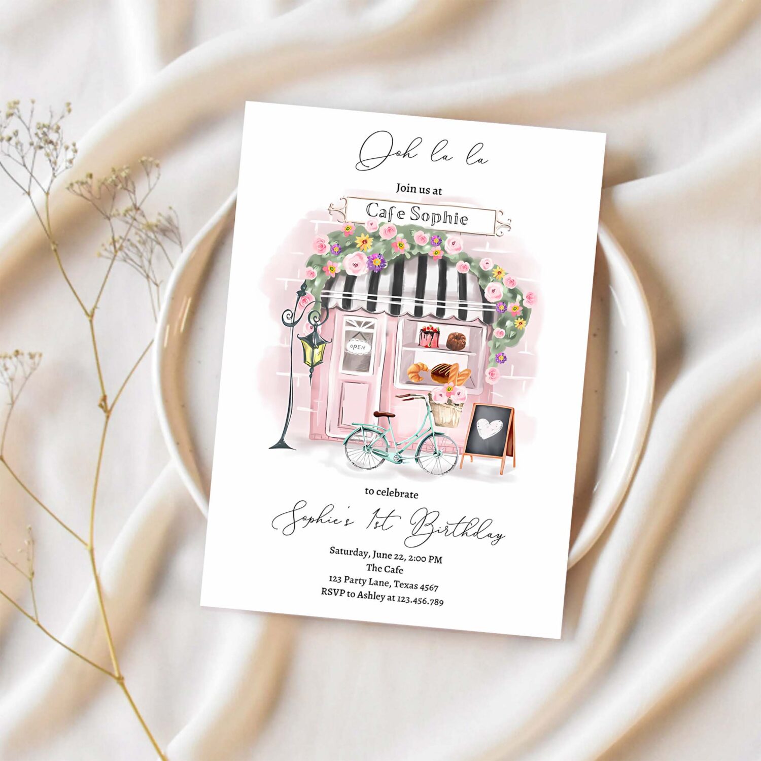 Editable paris birthday invitation girl tea party invite pink floral french parisian cafe patisserie printable template corjl digital 0441 1