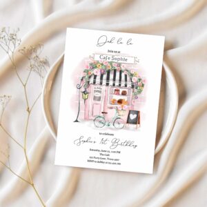 Editable paris birthday invitation girl tea party invite pink floral french parisian cafe patisserie printable template corjl digital 0441 1
