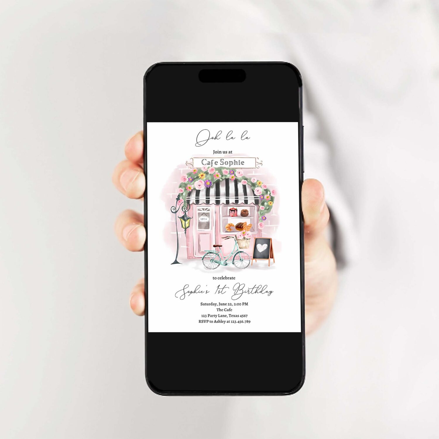 Editable paris birthday invitation girl tea party invite pink floral french parisian cafe patisserie printable template corjl digital 0441 2