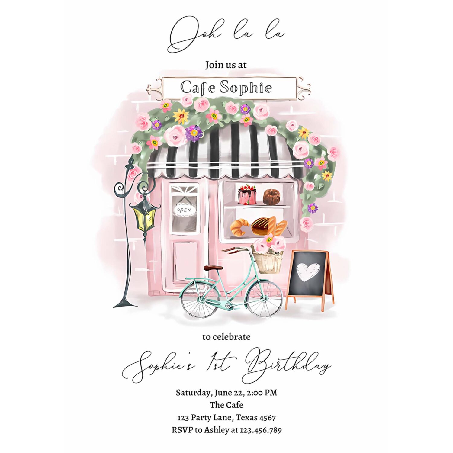 Editable paris birthday invitation girl tea party invite pink floral french parisian cafe patisserie printable template corjl digital 0441 4