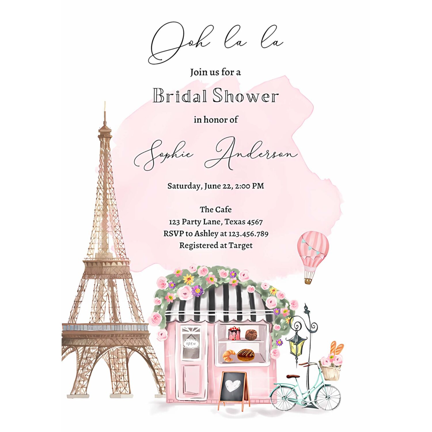 Editable paris bridal shower invitation french patisserie parisian eiffel tower ooh la la cafe floral printable template corjl digital 0441 4