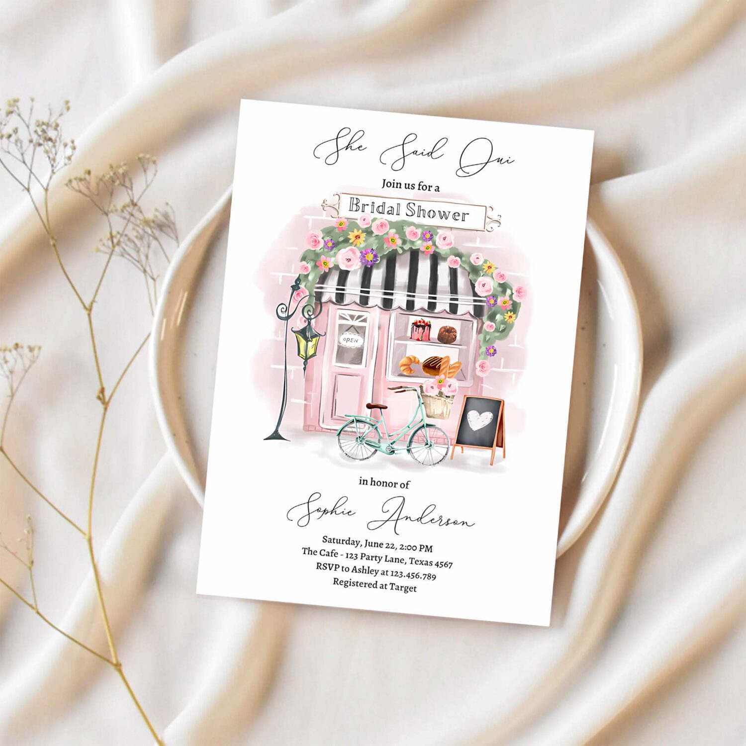Editable paris bridal shower invitation she said oui french patisserie parisian tea party floral pink printable template corjl digital 0441 1