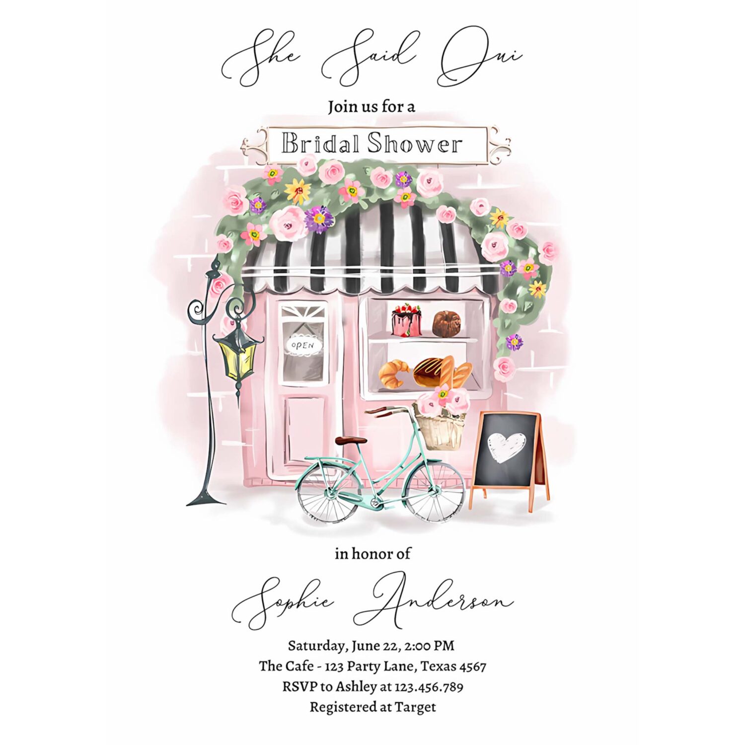 Editable paris bridal shower invitation she said oui french patisserie parisian tea party floral pink printable template corjl digital 0441 4