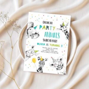 Editable party animals birthday invitation calling all animals zoo safari animals boy green neutral download template corjl printable 0390 1