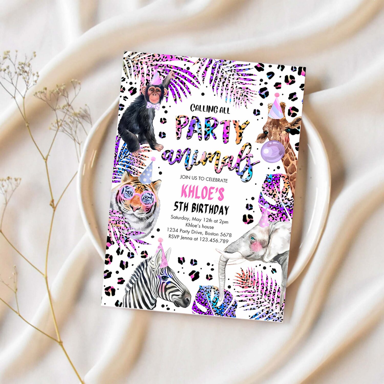 Editable party animals birthday invitation holographic rainbow cheetah print safari animals 1