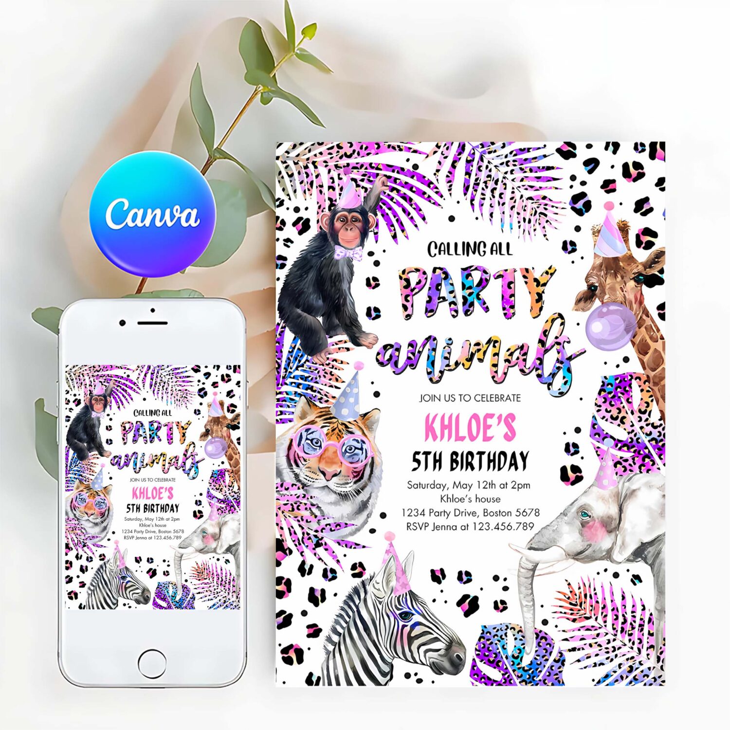 Editable party animals birthday invitation holographic rainbow cheetah print safari animals