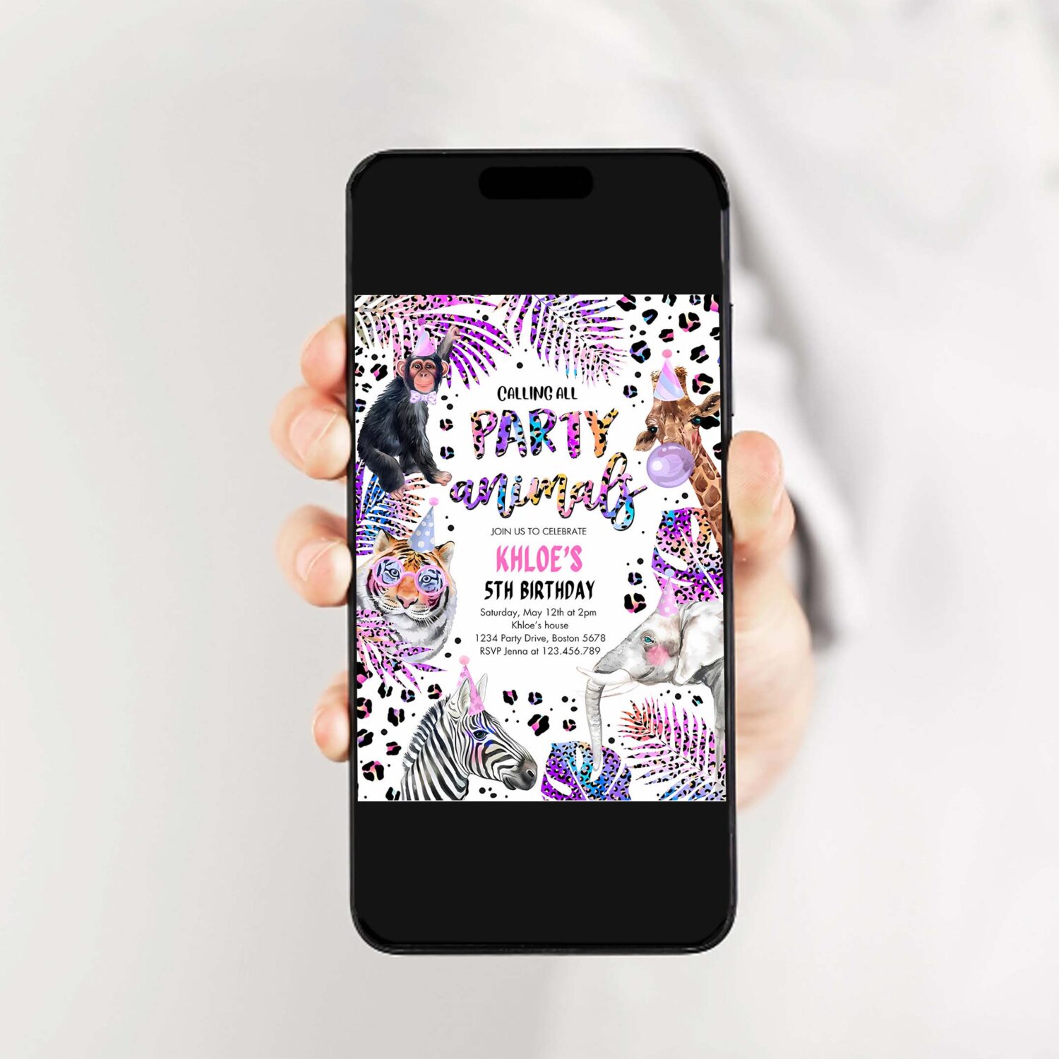 Editable party animals birthday invitation holographic rainbow cheetah print safari animals 2