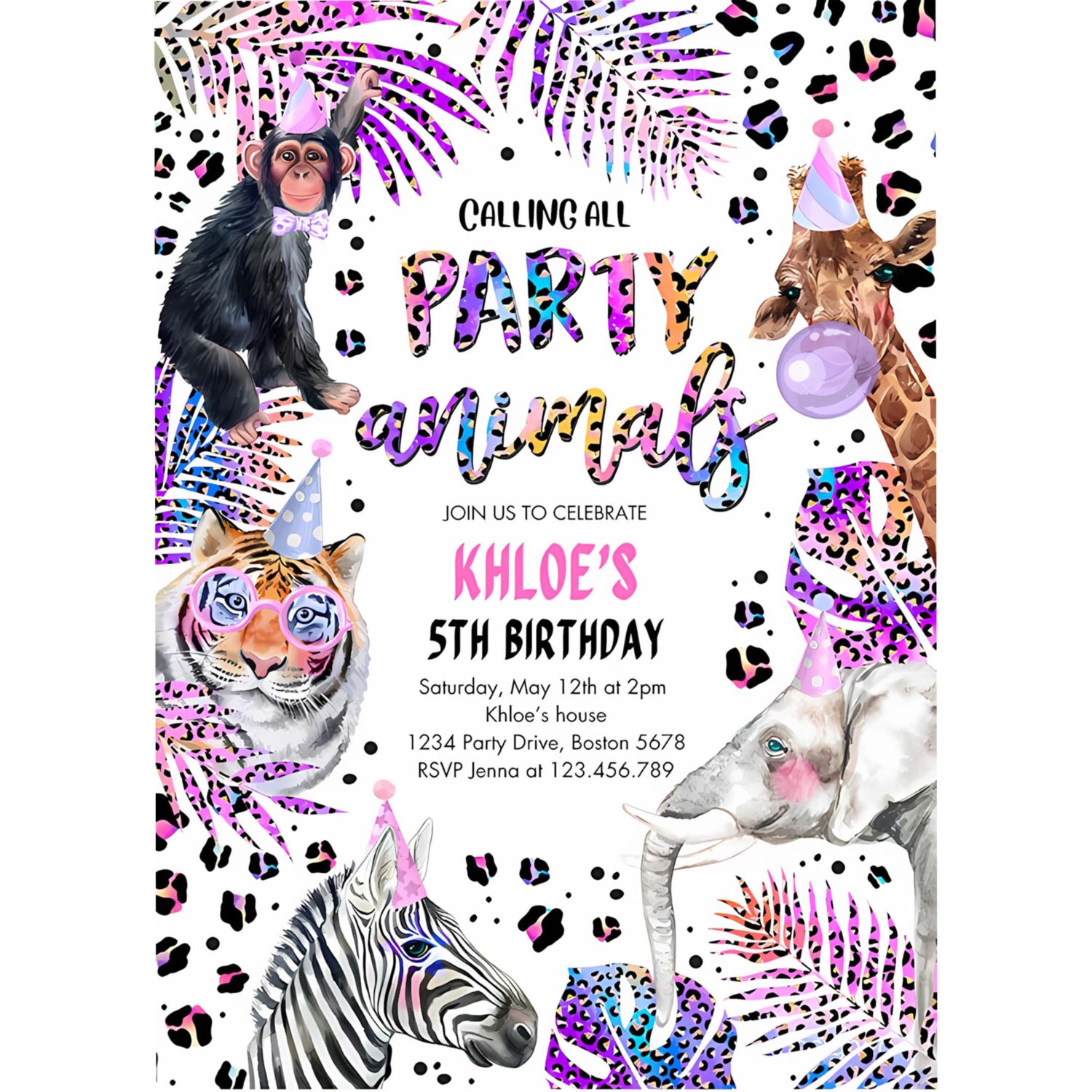 Editable party animals birthday invitation holographic rainbow cheetah print safari animals 4