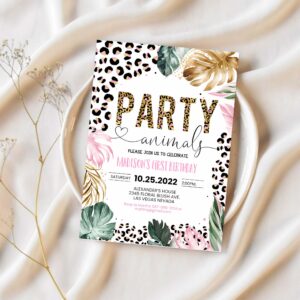 Editable party animals birthday invitation leopard print jungle birthday party leopard print wild one two wild template 1