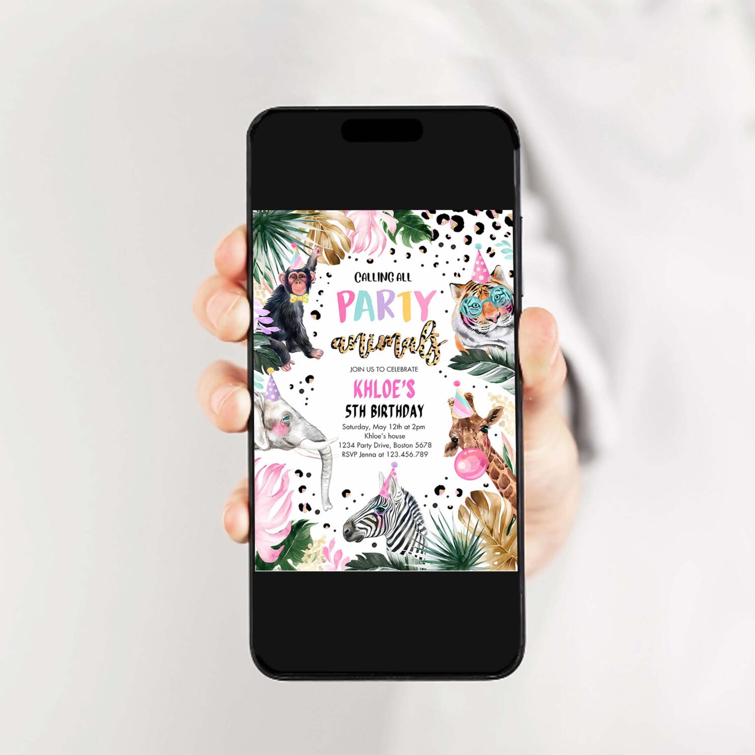 Editable party animals birthday invitation leopard print safari animals birthday party invitation leopard 2
