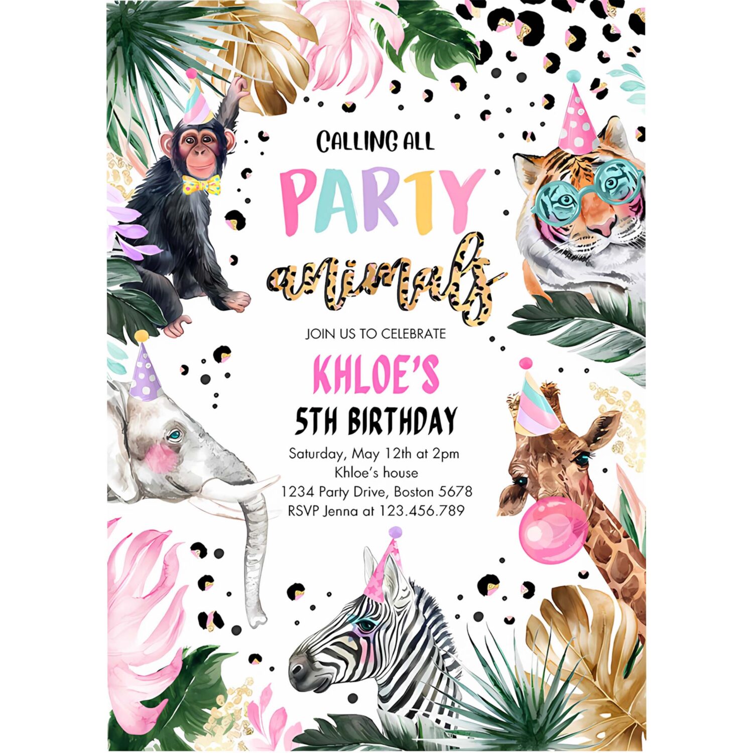 Editable party animals birthday invitation leopard print safari animals birthday party invitation leopard 4