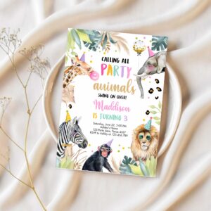 Editable party animals birthday invitation leopard print safari animals zoo birthday party girl pink download printable template corjl 0417 1