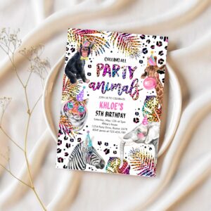 Editable party animals birthday invitation rainbow cheetah print safari animals birthday party 1