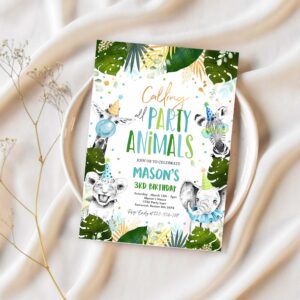 Editable party animals birthday invitation safari animals wild one animals invitation gold monochrome jungle party 1