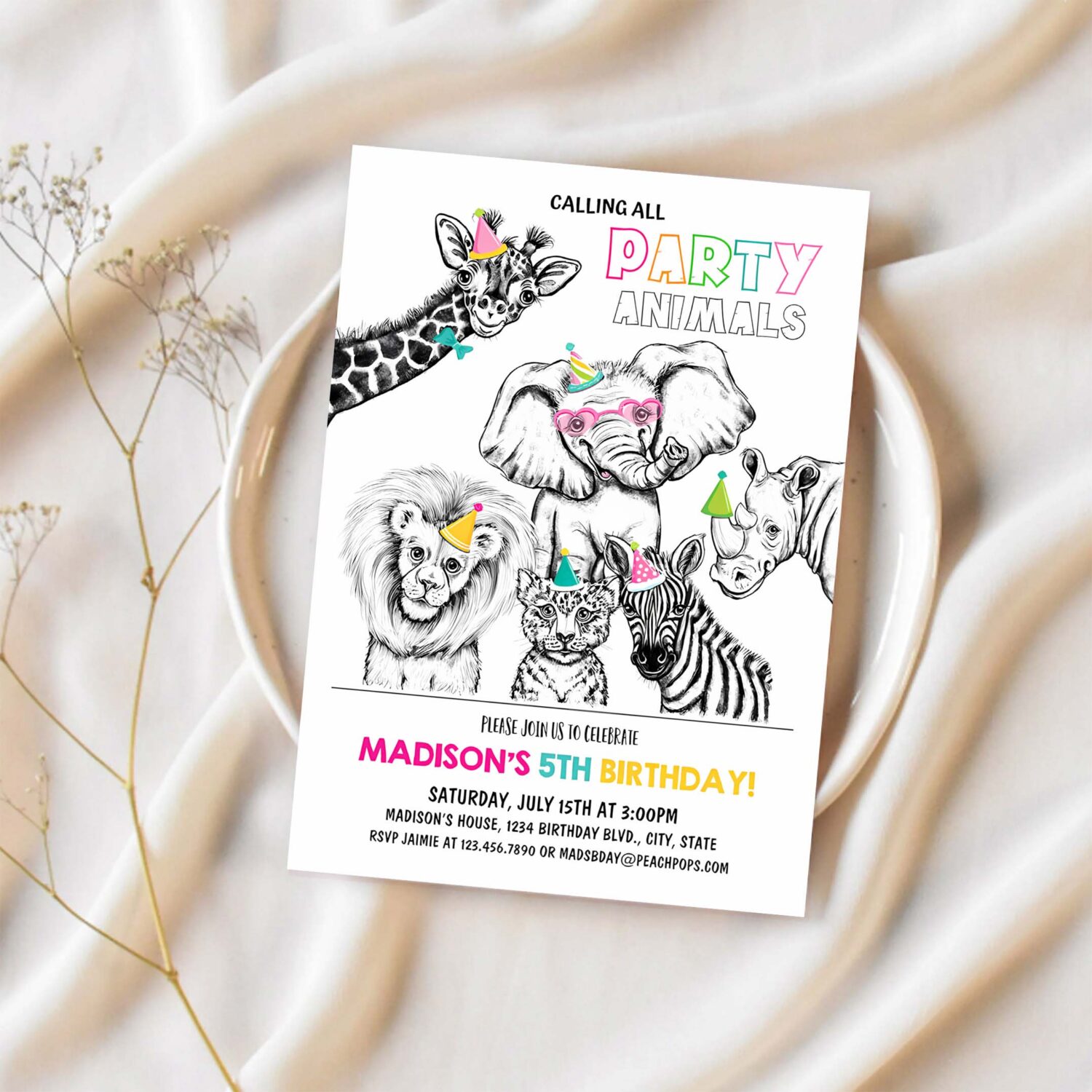 Editable party animals birthday invitation safari wild animals zoo boy girl 1
