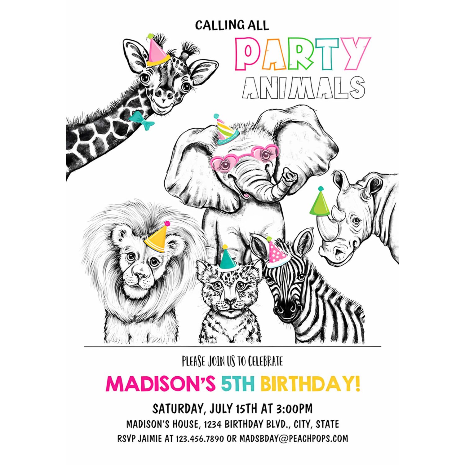 Editable party animals birthday invitation safari wild animals zoo boy girl 4