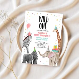 Editable party animals birthday invitation wild one animals invitation 1st zoo safari animals girl download printable template corjl 0142 1