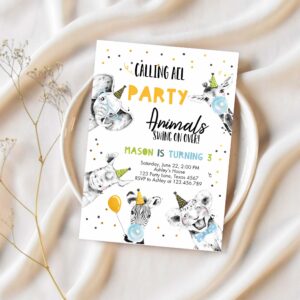 Editable party animals birthday invitation wild one animals invitation zoo safari animals boy download printable invite template corjl 0390 1