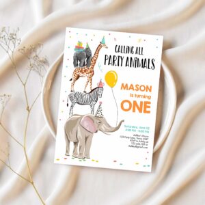 Editable party animals birthday invitation wild one animals invitation zoo safari animals boy instant download printable corjl template 0142 1