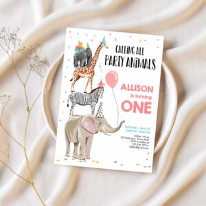Editable party animals birthday invitation wild one animals invitation zoo safari animals girl download printable corjl template 0142 1