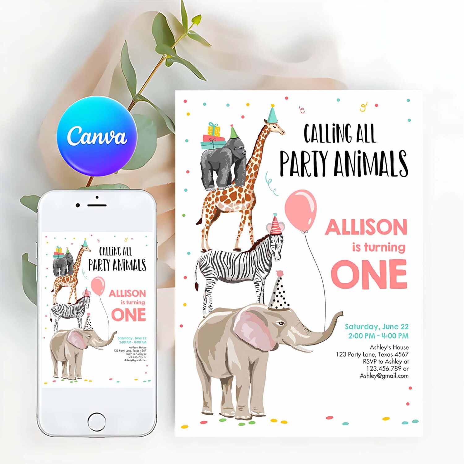 Editable party animals birthday invitation wild one animals invitation zoo safari animals girl download printable corjl template 0142