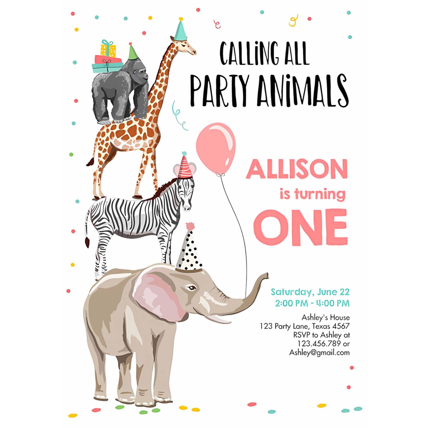 Editable party animals birthday invitation wild one animals invitation zoo safari animals girl download printable corjl template 0142 4