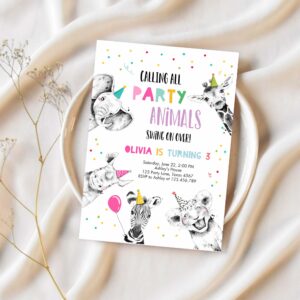 Editable party animals birthday invitation wild one animals invitation zoo safari animals girl download printable invite template corjl 0390 1