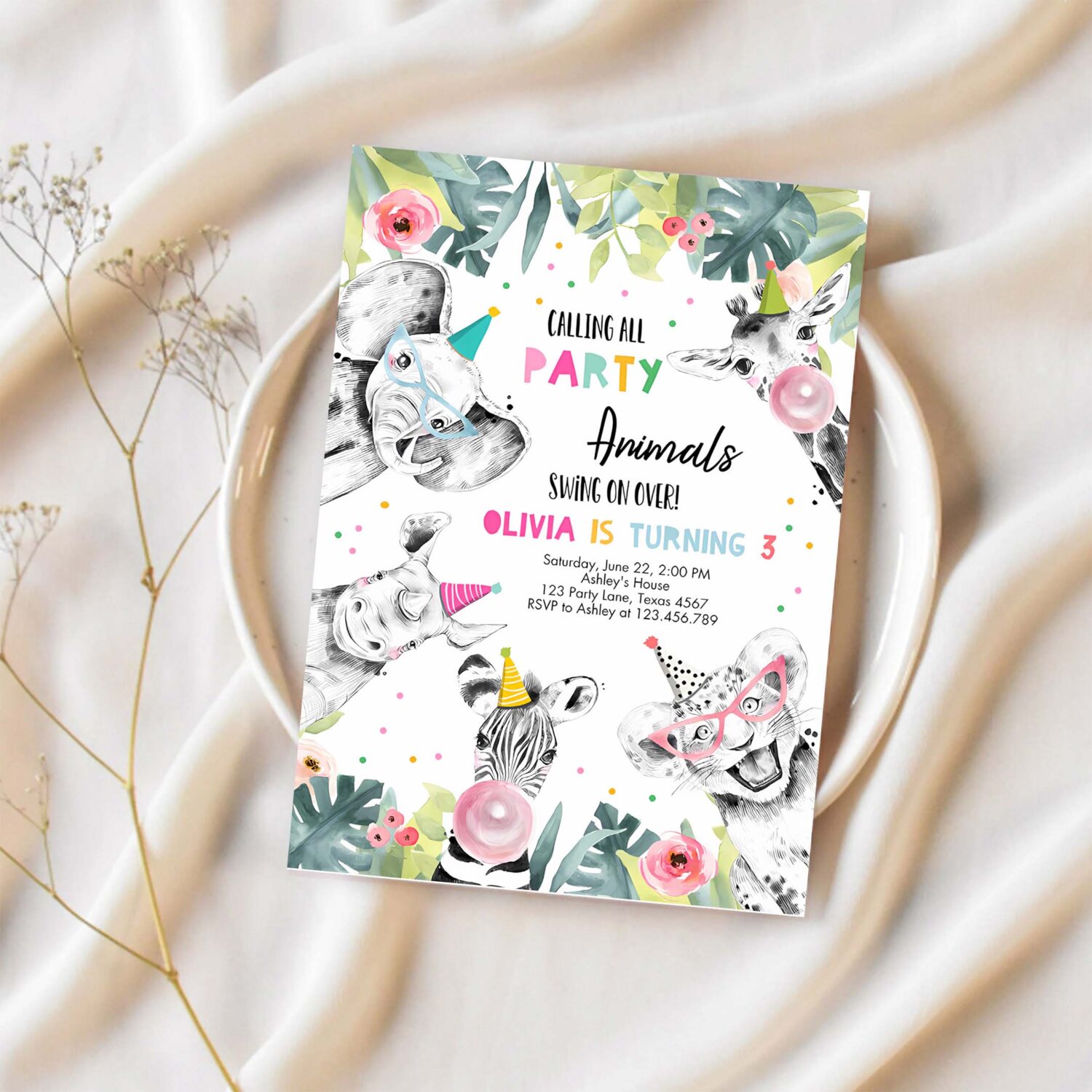 Editable party animals birthday invitation wild one animals invitation zoo safari animals girl party invitation 1