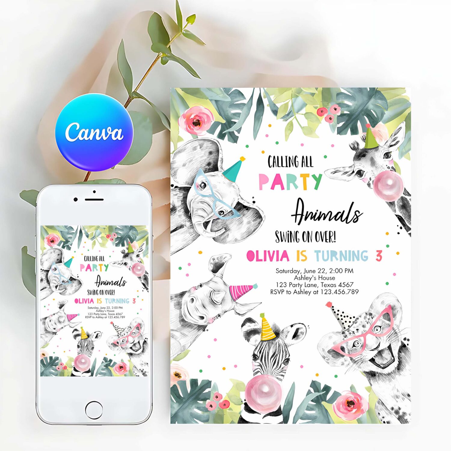 Editable party animals birthday invitation wild one animals invitation zoo safari animals girl party invitation