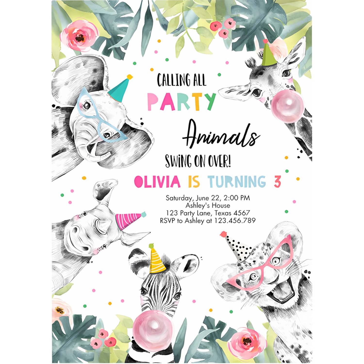 Editable party animals birthday invitation wild one animals invitation zoo safari animals girl party invitation 4