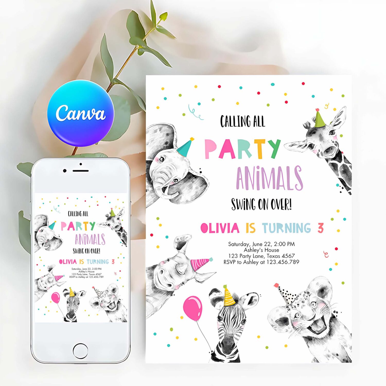 Editable party animals birthday invitation wild one animals invitation zoo safari animals girl party invite