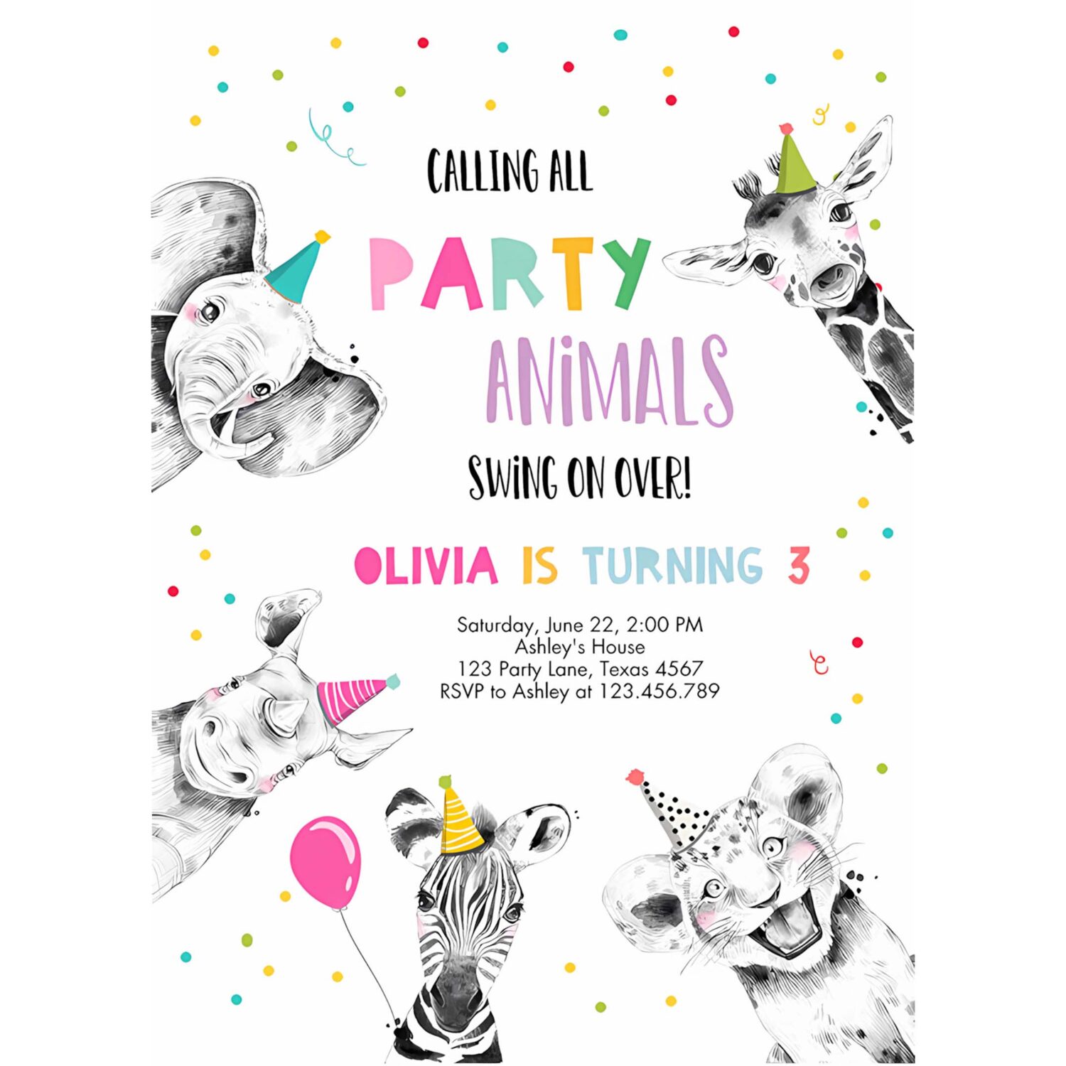 Editable party animals birthday invitation wild one animals invitation zoo safari animals girl party invite 4