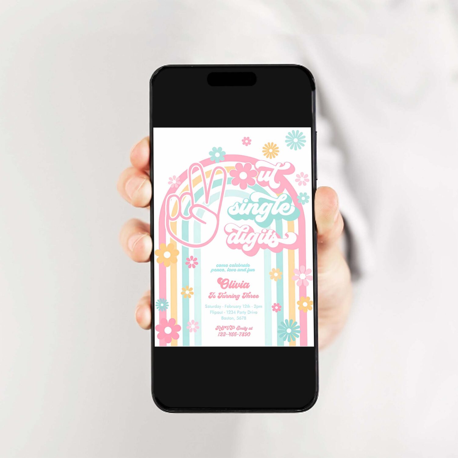 Editable peace out single digits birthday invitation groovy tween 10th birthday hippie 70s double digits birthday 2