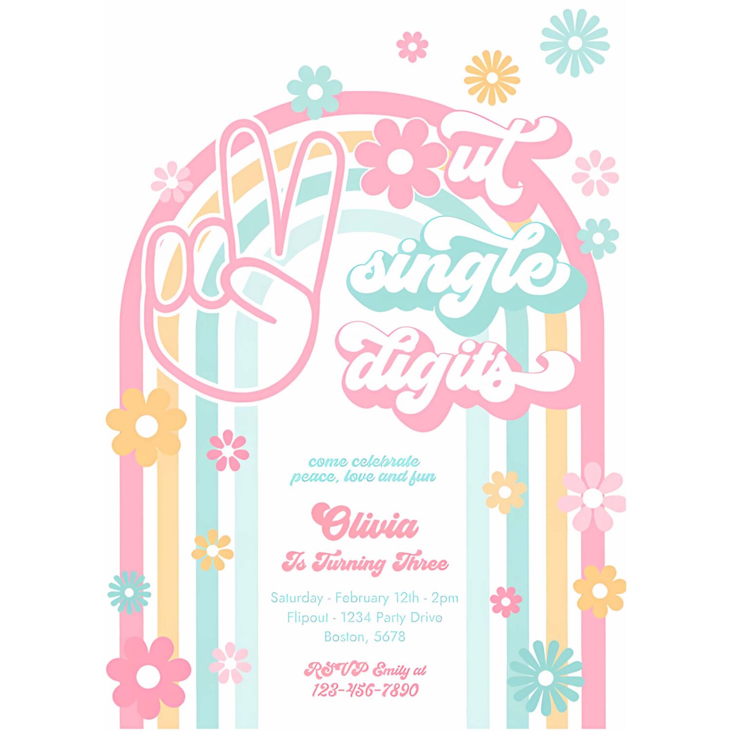 Editable peace out single digits birthday invitation groovy tween 10th birthday hippie 70s double digits birthday 4