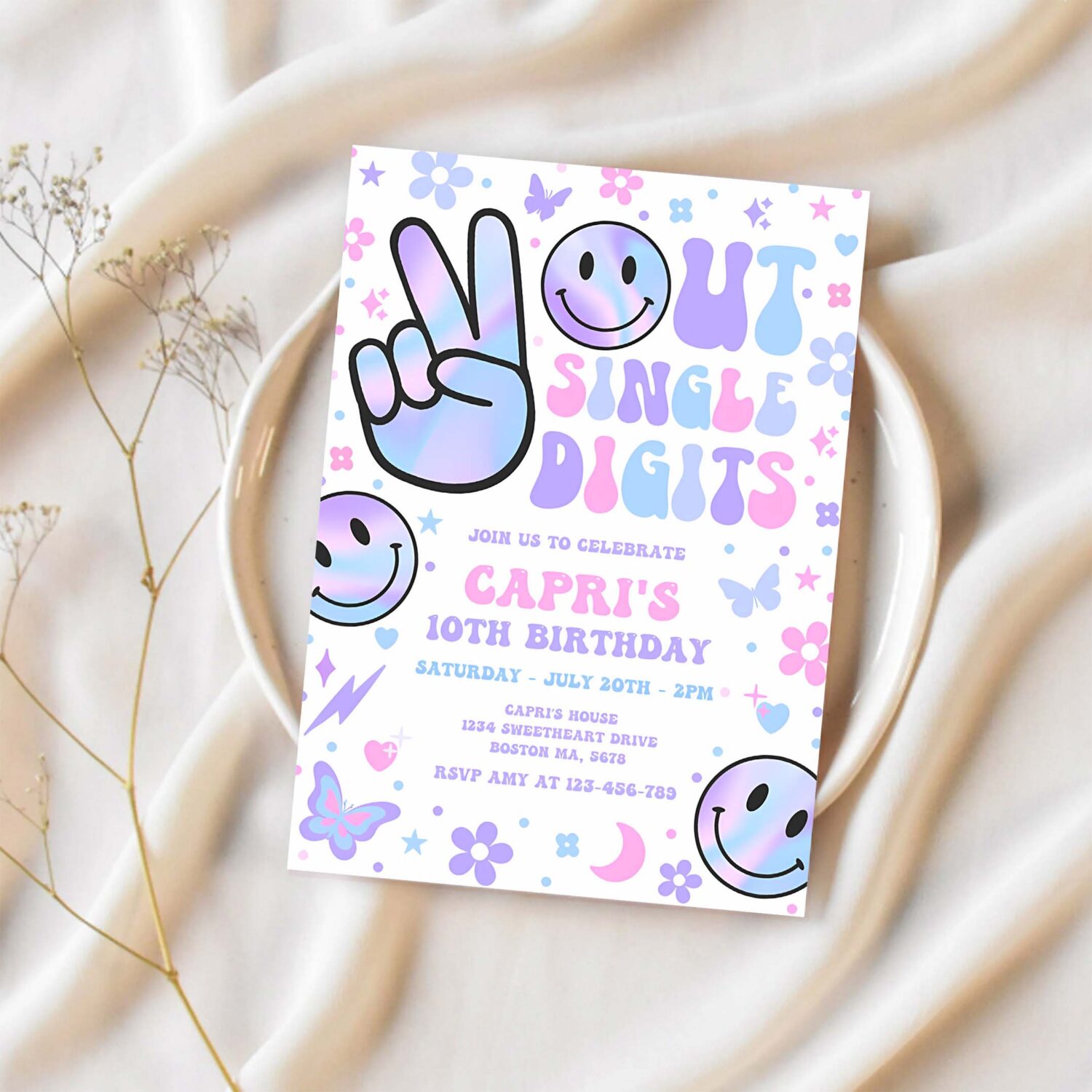 Editable peace out single digits birthday invitation holographic groovy 10th birthday hippie double digits party 1