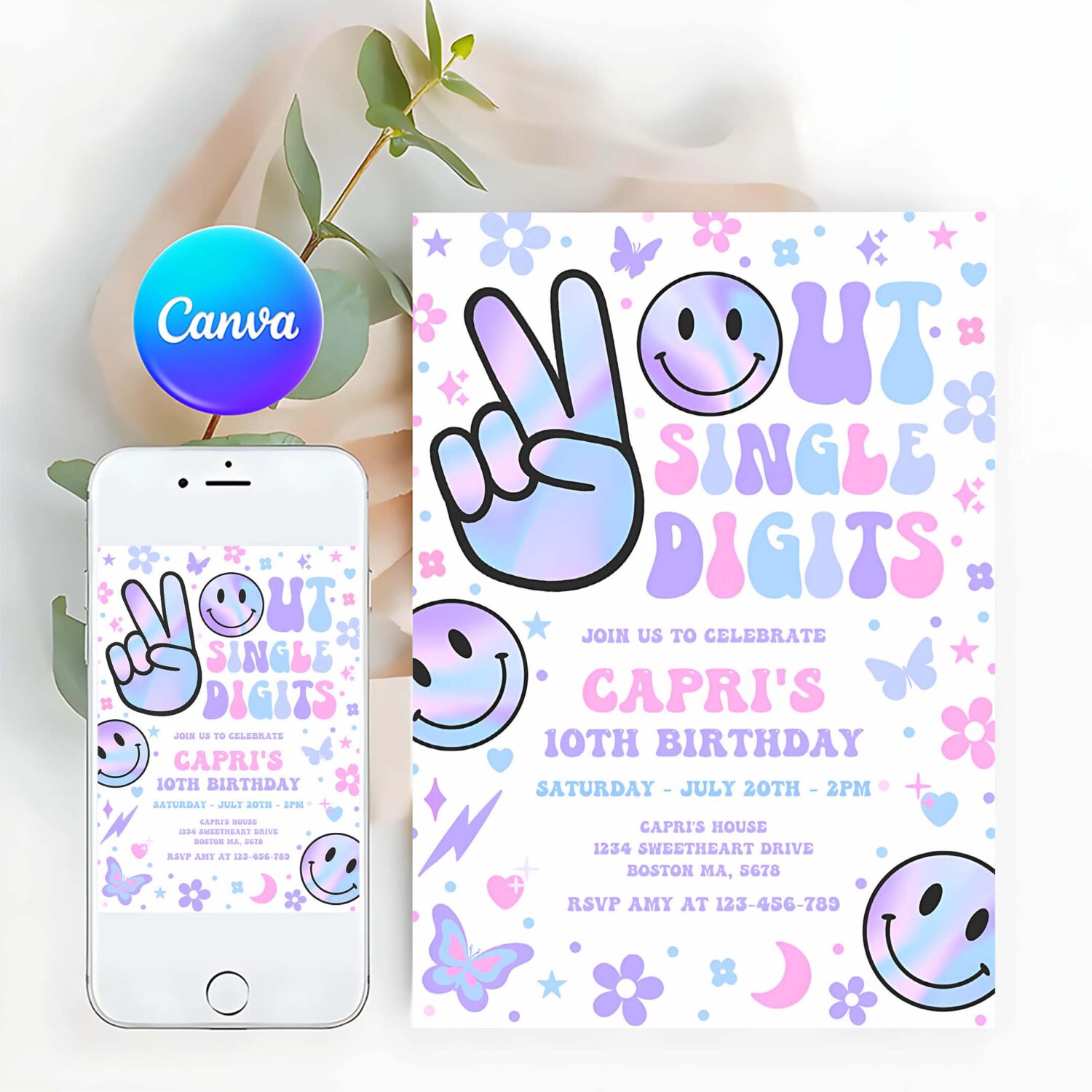 Editable peace out single digits birthday invitation holographic groovy 10th birthday hippie double digits party