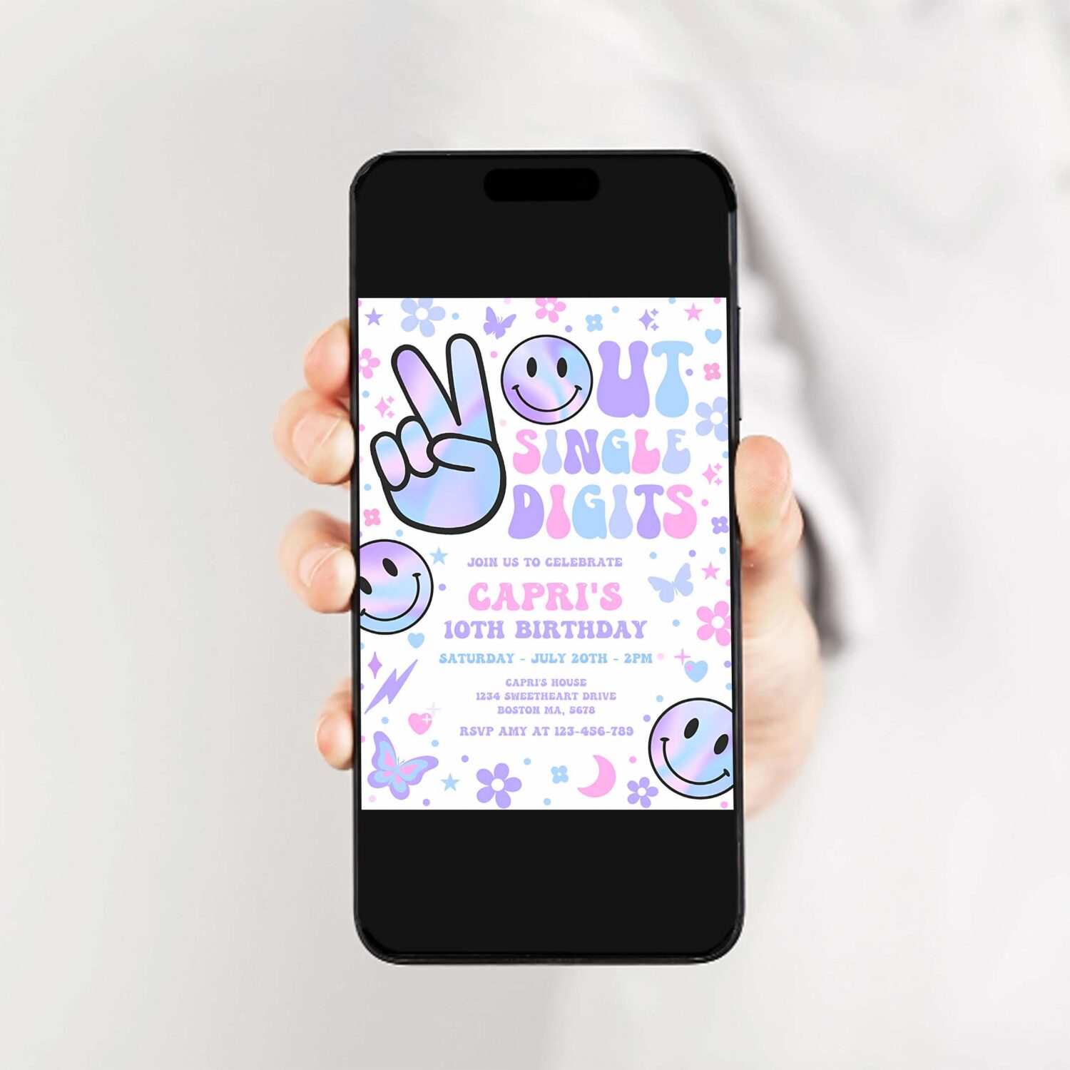 Editable peace out single digits birthday invitation holographic groovy 10th birthday hippie double digits party 2