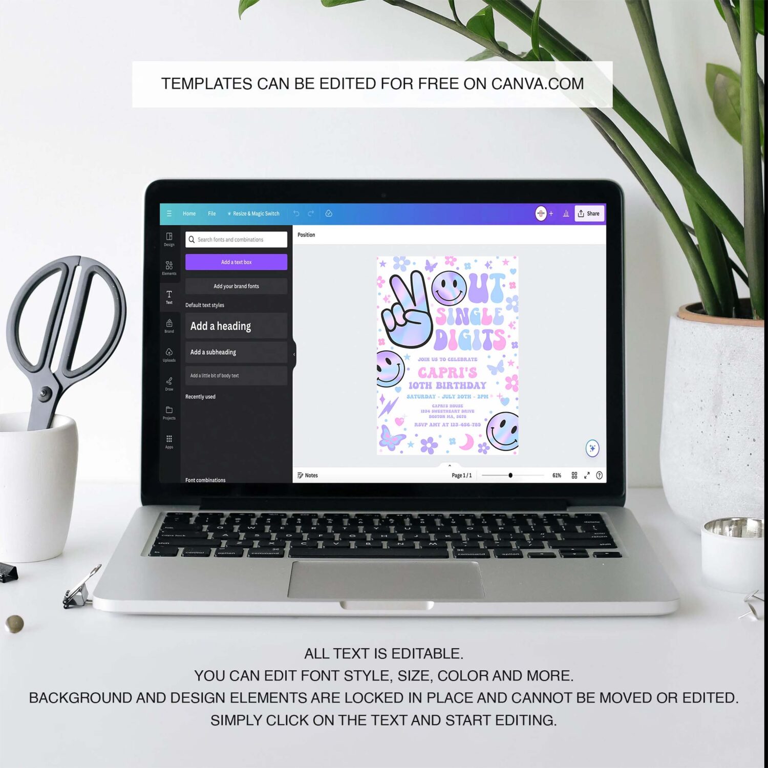 Editable peace out single digits birthday invitation holographic groovy 10th birthday hippie double digits party 3