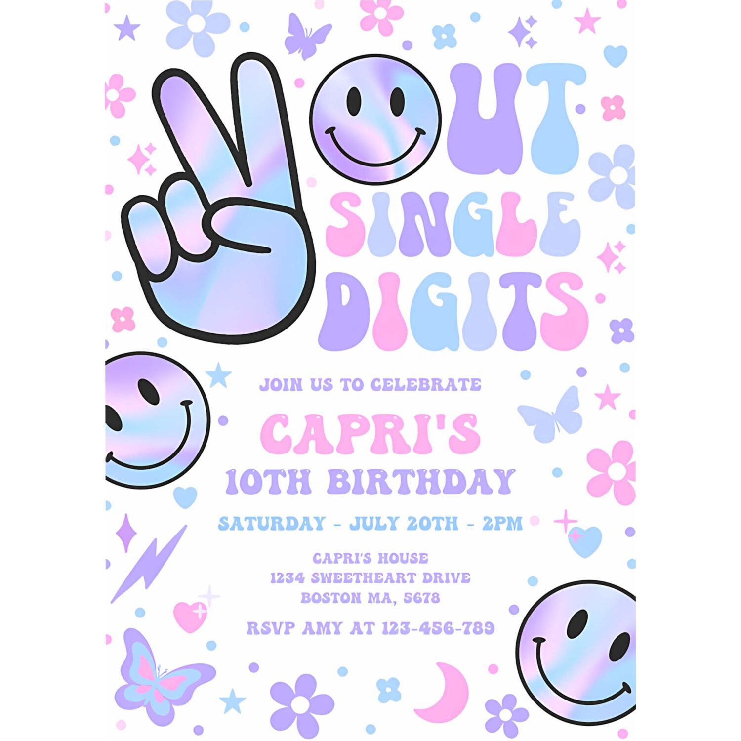 Editable peace out single digits birthday invitation holographic groovy 10th birthday hippie double digits party 4