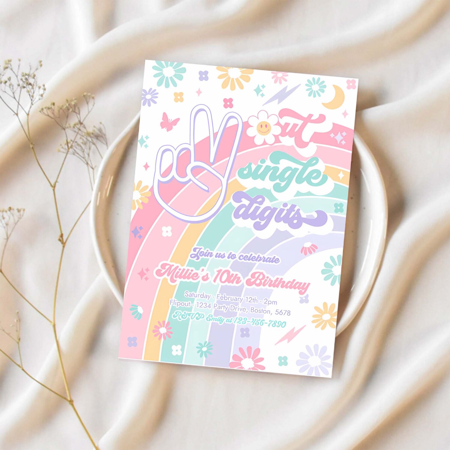 Editable peace out single digits birthday party invitation groovy tween 10th birthday hippie 70s double digits birthday 1
