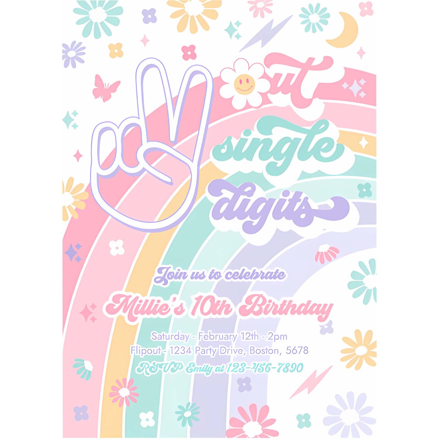 Editable peace out single digits birthday party invitation groovy tween 10th birthday hippie 70s double digits birthday 4