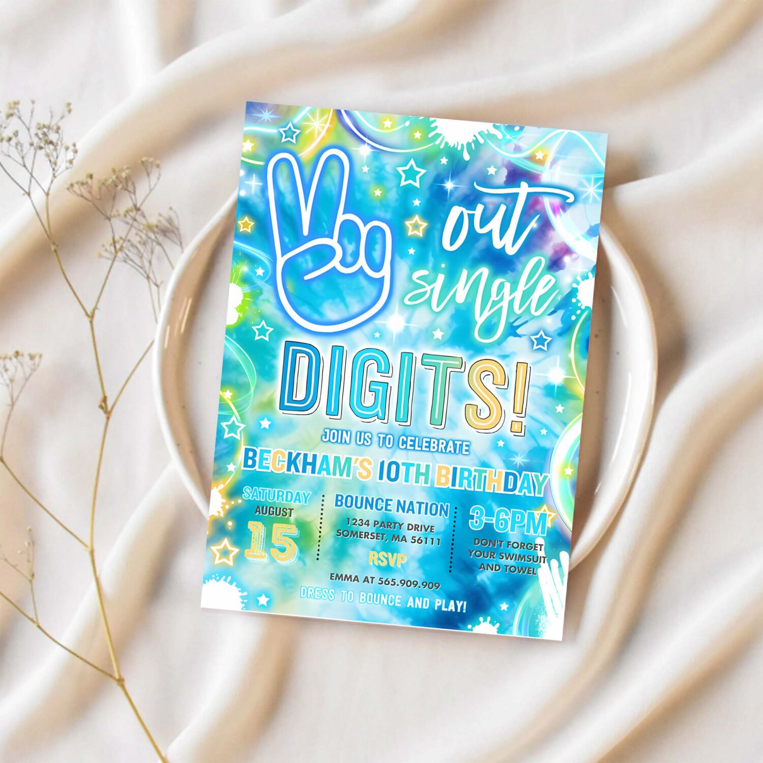 Editable peace out single digits birthday party invitation neon glow peace out single digits 10th birthday party instant download h48 1