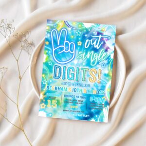 Editable peace out single digits birthday party invitation neon glow peace out single digits 10th birthday party instant download h48 1