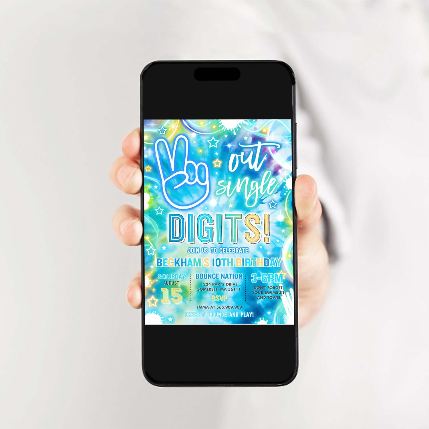 Editable peace out single digits birthday party invitation neon glow peace out single digits 10th birthday party instant download h48 2