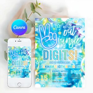 Neon Invitation, Peace Out Single Digits Birthday Party Invitation Neon Glow Peace Out Single Digits 10th Birthday Party